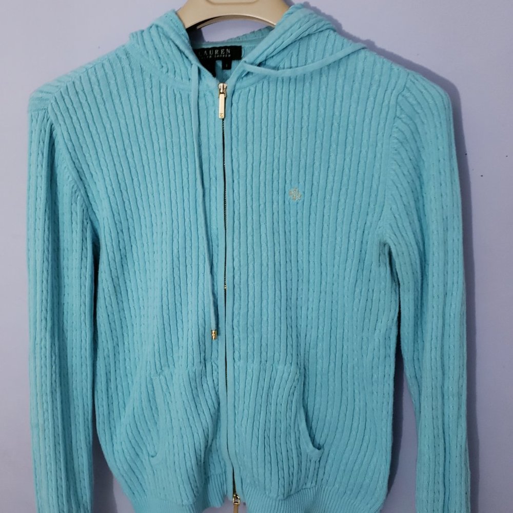 Lauren by Ralph Lauren Cable Knit L/S Hoodie Sweater Gold RL Logo - Picture 6 of 11